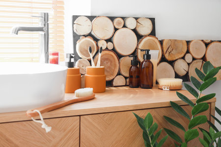 Sink with bath accessories on table near window in roomの写真素材