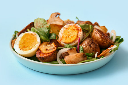 Plate of tasty potato salad with eggs and mushrooms on light blue backgroundの写真素材