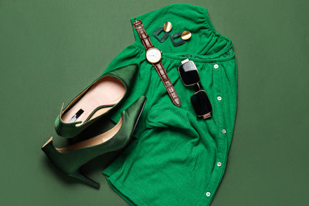 Composition with stylish heels, accessories and clothes on green backgroundの写真素材