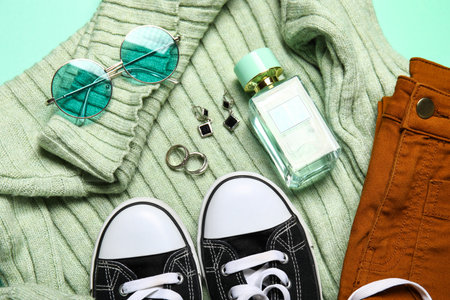Composition with stylish female accessories, clothes, shoes and bottle of perfume, closeupの写真素材