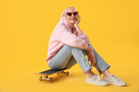 Mature woman with skateboard sitting on yellow backgroundの写真素材