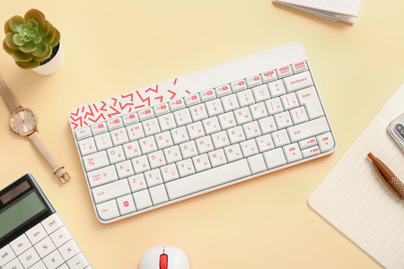 Composition keyboard, wristwatch, calculator and mouse on beige background