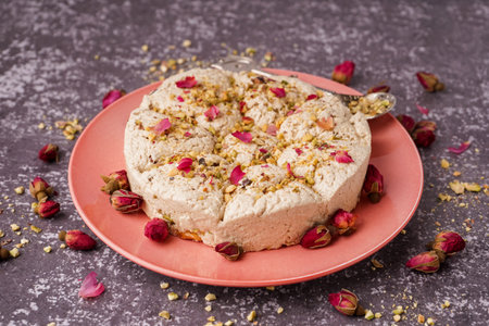 Plate of tasty Tahini halva with pistachios on grunge backgroundの写真素材