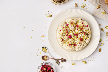 Plate of tasty Tahini halva with pistachios on light background