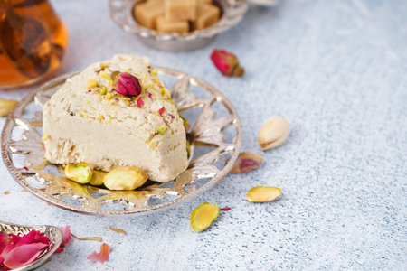 Plate with piece of tasty Tahini halva on light backgroundの写真素材