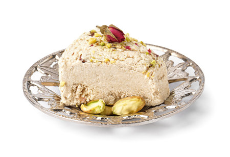 Plate with piece of tasty Tahini halva on white background