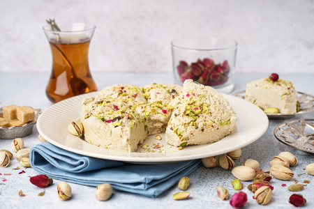Plate of tasty Tahini halva with pistachios on light backgroundの写真素材