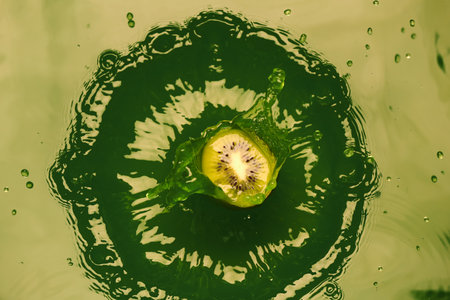 Falling of ripe kiwi into green juiceの写真素材