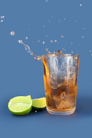 Glass of tasty cider with splashes, ice cube and lime on blue backgroundの写真素材