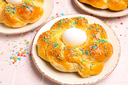 Plates with tasty Italian Easter bread and sprinkles on pink tile background, closeup