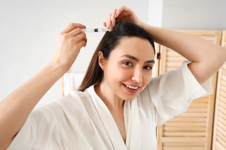 Woman with hair loss problem giving herself injection at homeの写真素材