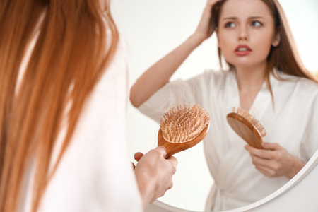 Worried young woman with hair loss problem near mirror at homeの写真素材