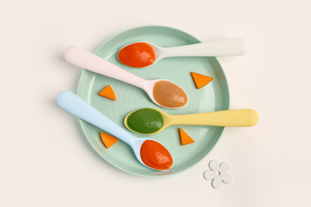 Plate with spoons of healthy baby food on white backgroundの写真素材