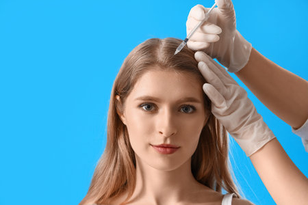 Young woman with hair loss receiving problem injection on blue background, closeup