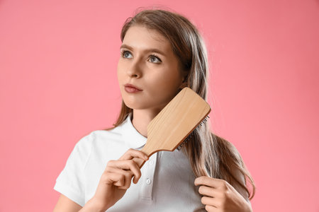 Young woman with hair loss problem brushing on pink background