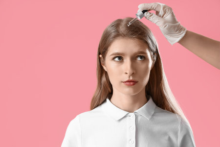 Cosmetologist applying serum on young woman's hair against pink backgroundの写真素材