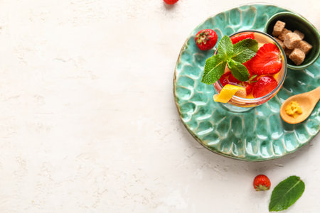 Glass of infused water with strawberry and lemon on light backgroundの写真素材