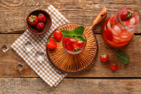 Jug and glass of infused water with strawberry on wooden backgroundの写真素材