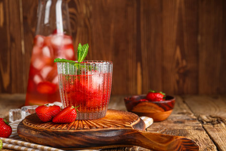 Glass of infused water with strawberry on wooden backgroundの写真素材