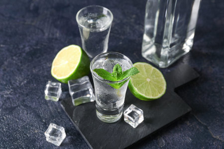 Glasses of cold vodka on black background