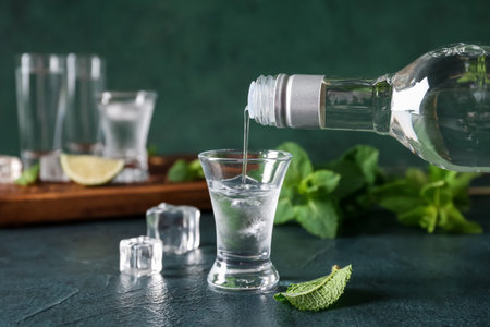 Pouring of vodka from bottle into glass on table