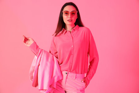 Young woman in stylish suit on pink backgroundの写真素材
