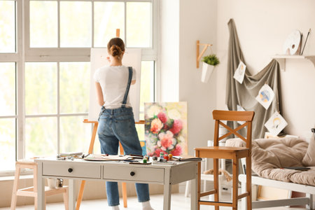 Female artist painting picture in workshopの写真素材
