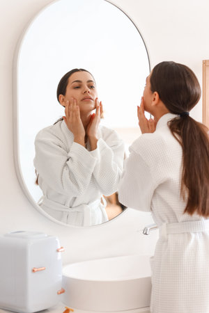 Young woman doing face building exercise near mirror in bathroomの写真素材