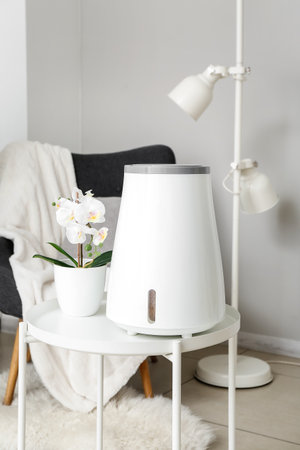 Modern humidifier and flowers in pot on table in interior of living roomの写真素材