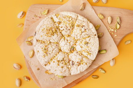Wooden board of tasty Tahini halva with pistachios on yellow background
