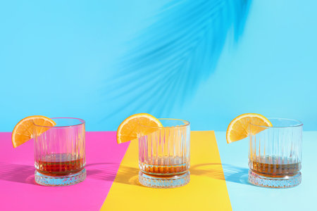 Glasses of rum with orange slices on colorful backgroundの写真素材