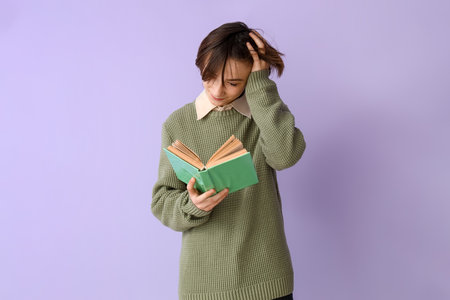 Teenage boy reading book on lilac backgroundの写真素材