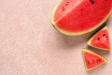 Pieces of fresh watermelon on pink backgroundの写真素材