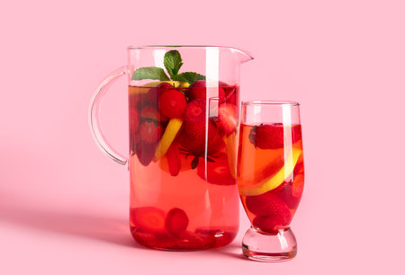 Glass and jug of infused water with strawberry on pink backgroundの写真素材