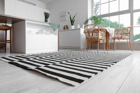 Stylish striped carpet in interior of modern kitchenの写真素材