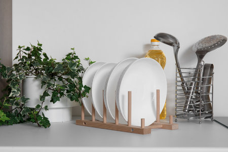Plate rack, houseplant and utensils on white kitchen counter, closeupの写真素材