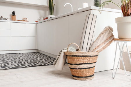 Basket with different rugs in interior of modern kitchenの写真素材