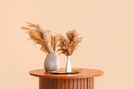 Vases with pampas grass on wooden coffee table near beige wallの写真素材
