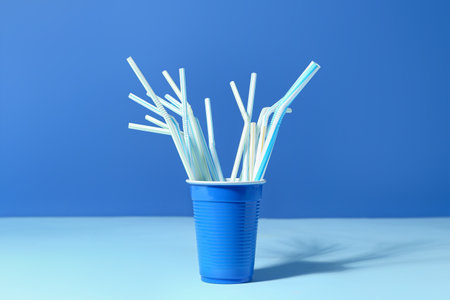 Plastic cup with different drinking straws on blue backgroundの写真素材