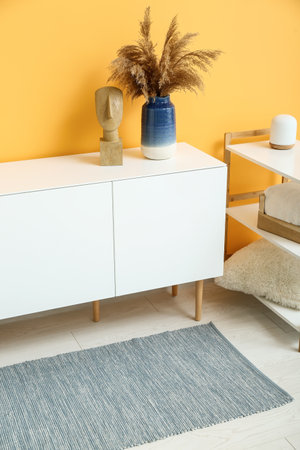 Stylish interior of living room with drawers, shelving unit, pampas grass and soft rugの写真素材