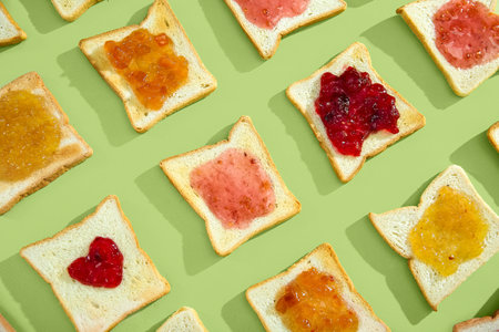 Many toasts with different jams on green backgroundの写真素材