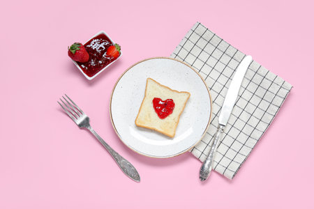 Plate with toast, sweet strawberry jam and cutlery on pink backgroundの写真素材