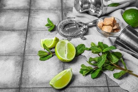 Ingredients for preparing mojito on black tile backgroundの写真素材