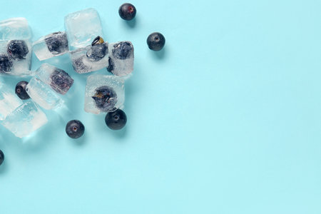 Ripe blueberry frozen in ice cubes and fresh berries on blue backgroundの写真素材