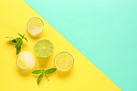 Fresh lime and slices frozen in ice with mint on color background