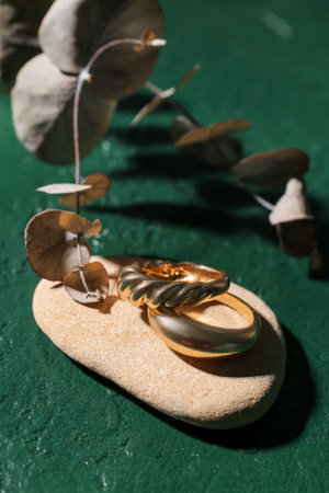 Stone with beautiful rings and eucalyptus on green background