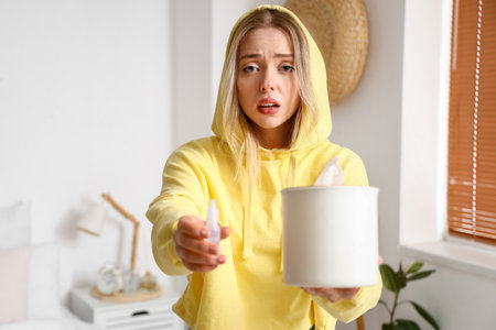 Allergic young woman with tissue box and bottle of drops in bedroomの写真素材