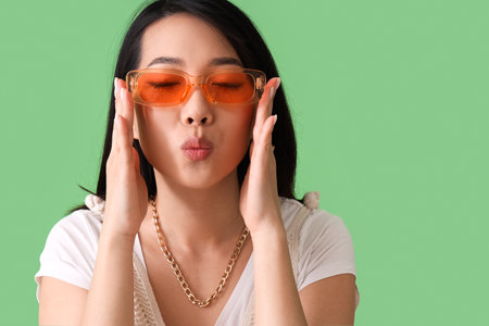 Beautiful Asian woman in stylish sunglasses blowing kiss on green background, closeupの写真素材