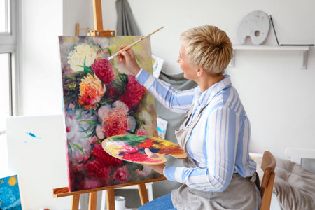 Mature female artist painting picture in workshopの写真素材
