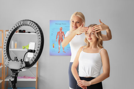 Female physiotherapist massaging face of young woman while recording video in rehabilitation centerの写真素材